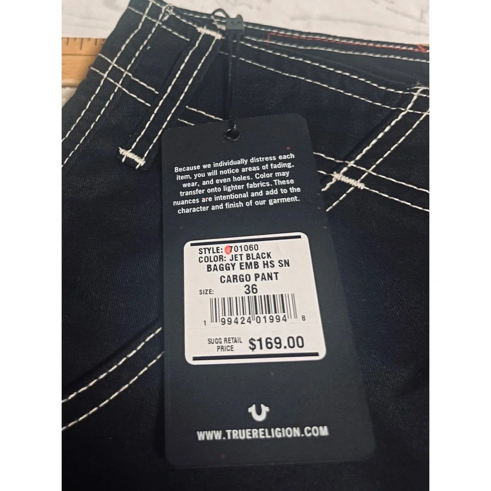 True Religion Cargo Pants Mens 36 Black NEW Baggy White Contrast Stitch 701060